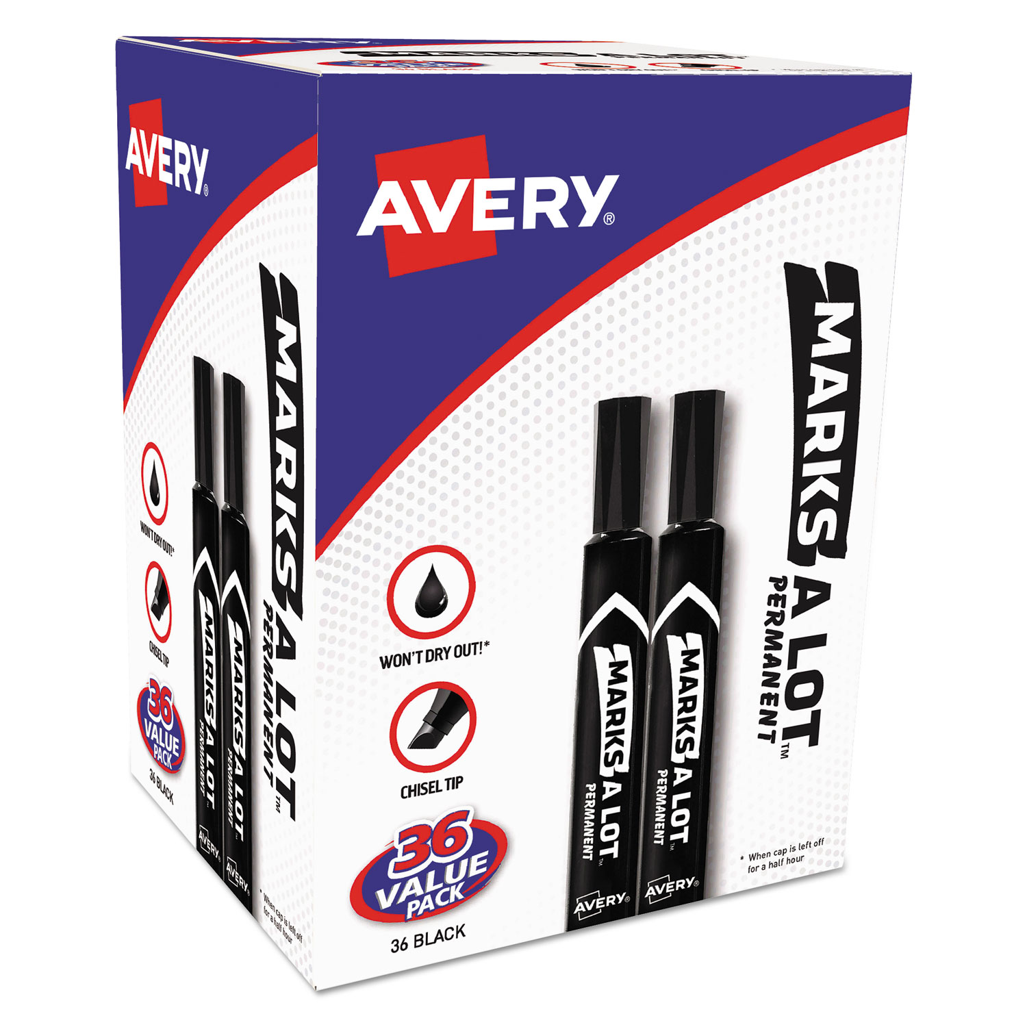 Bulk Large Permanent Markers, Black, Red, Chisel Tip, 24/Pk: Avery