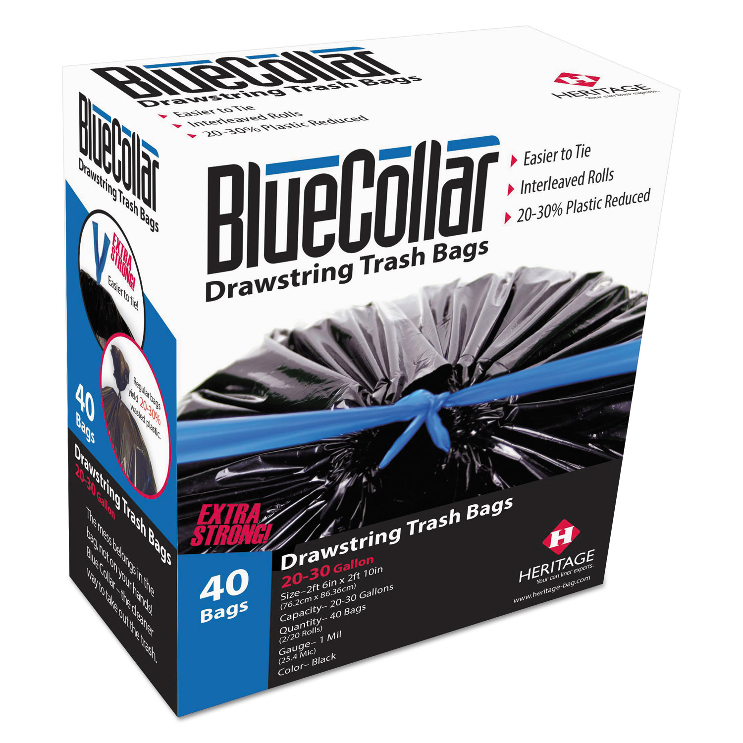 Blue Collar Black Drawstring Refuse Bags, 30 Gallon - 40 count