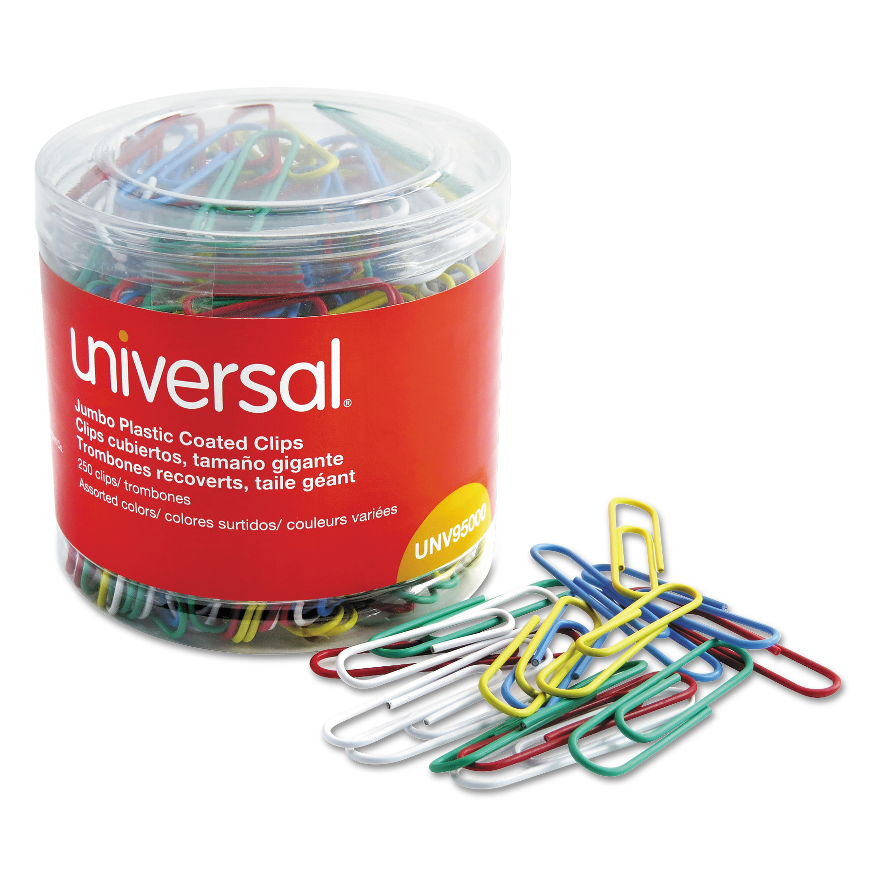 Plastic-Coated Paper Clips with One-Compartment Dispenser Tub, Jumbo,  Assorted Colors, 250/Pack