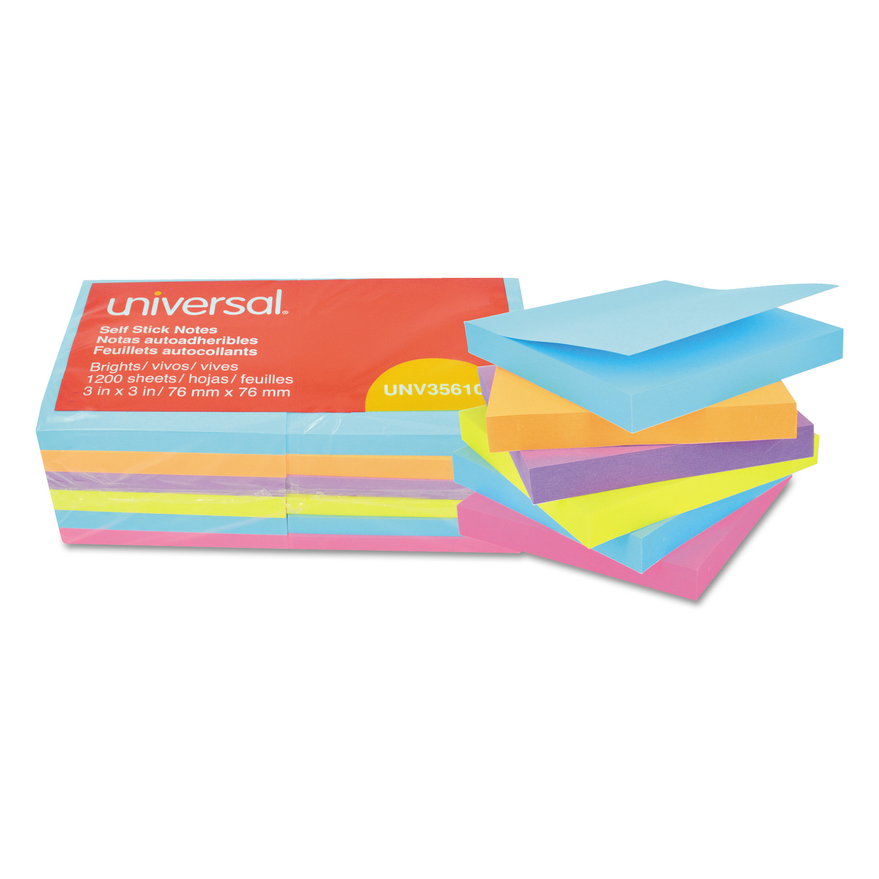 Universal Self-Stick Note Pads, 3 x 3, Assorted Bright Colors, 100-Sheet, 12-pk