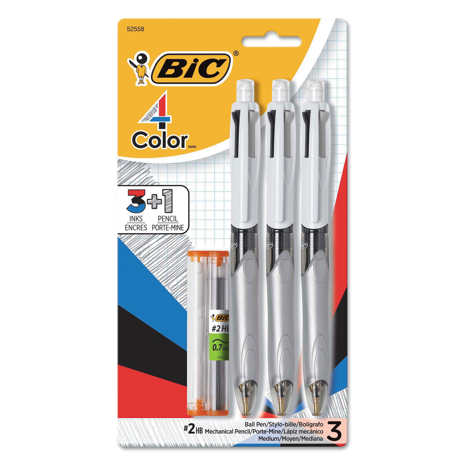 4-Color 3 + 1 Multi-Color Ballpoint Pen/Pencil, Retractable, 1 mm Pen/0.7  mm Pencil, Black/Blue/Red Ink, Gray Barrel, 3/Pack