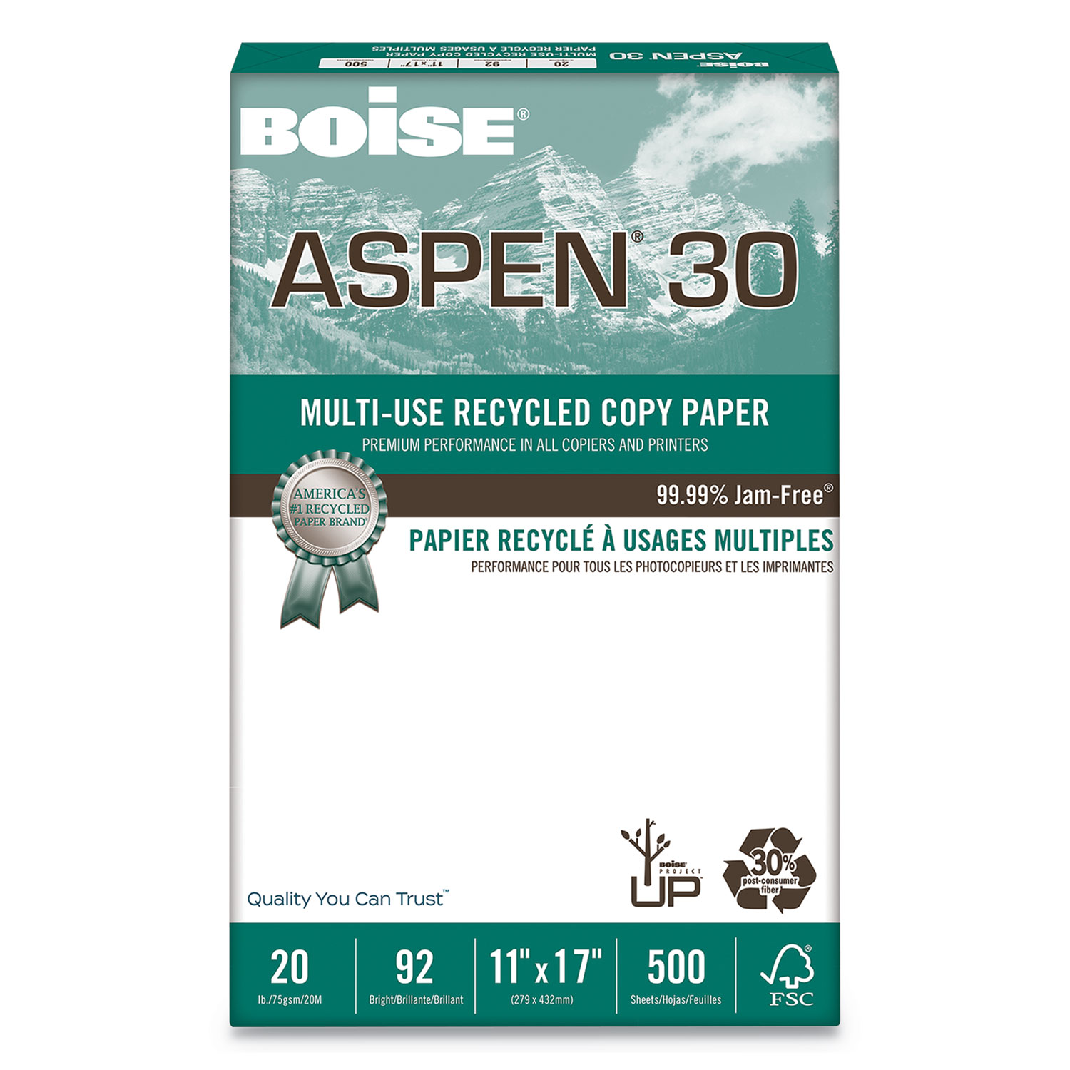 Aspen 30% Recycled Multi-Use Paper 92 Bright 20lb 11 x 17 White