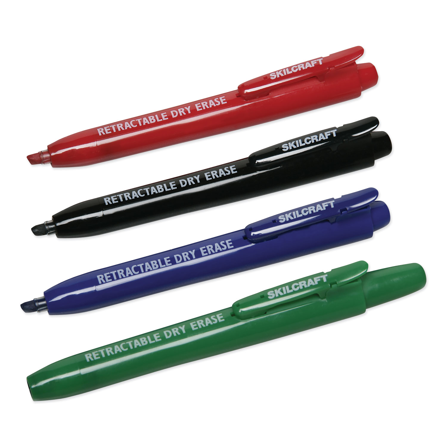 SKILCRAFT Retractable Dry Erase Marker, Broad Chisel Tip, Assorted Colors, 4/Set