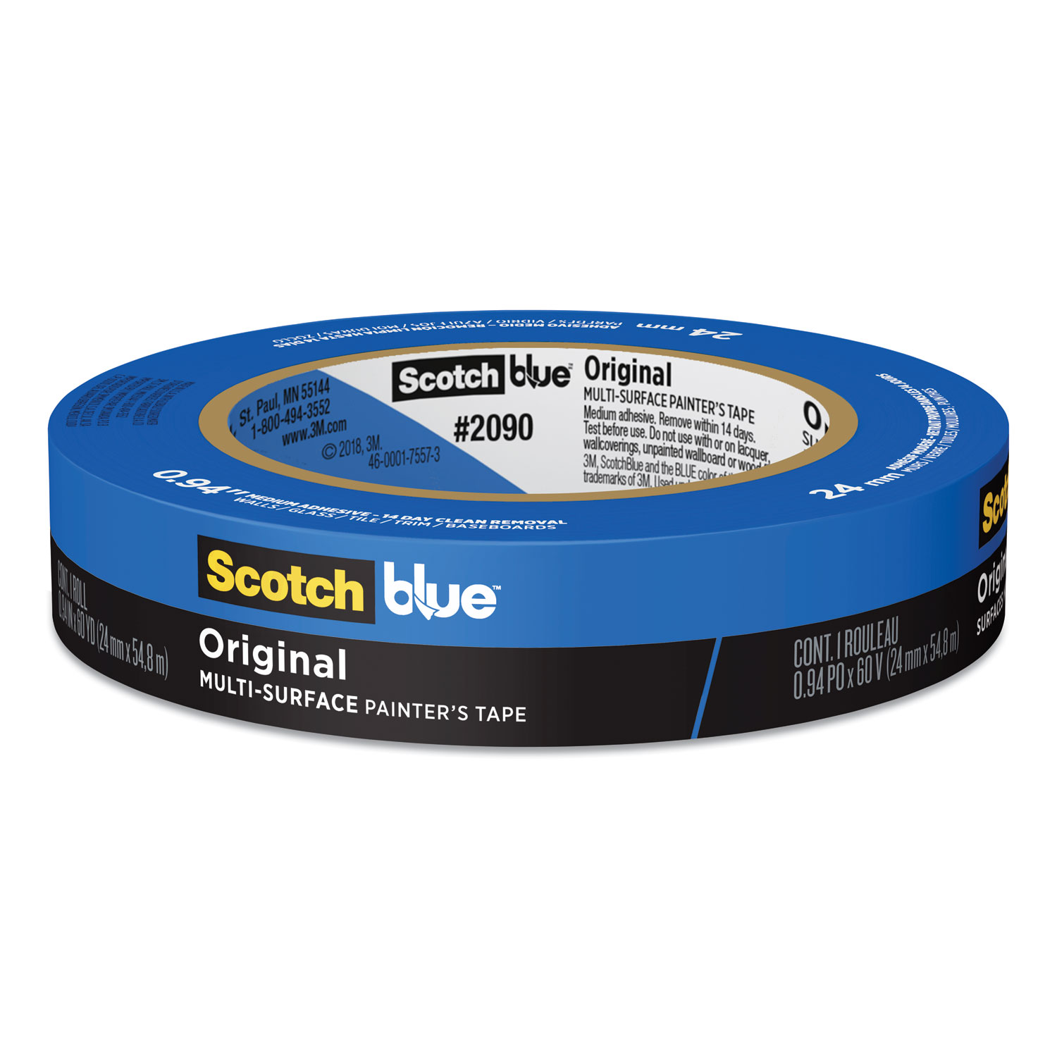 3M 2090 Masking Tape, 1 x 60 yds., Blue, 36/Case