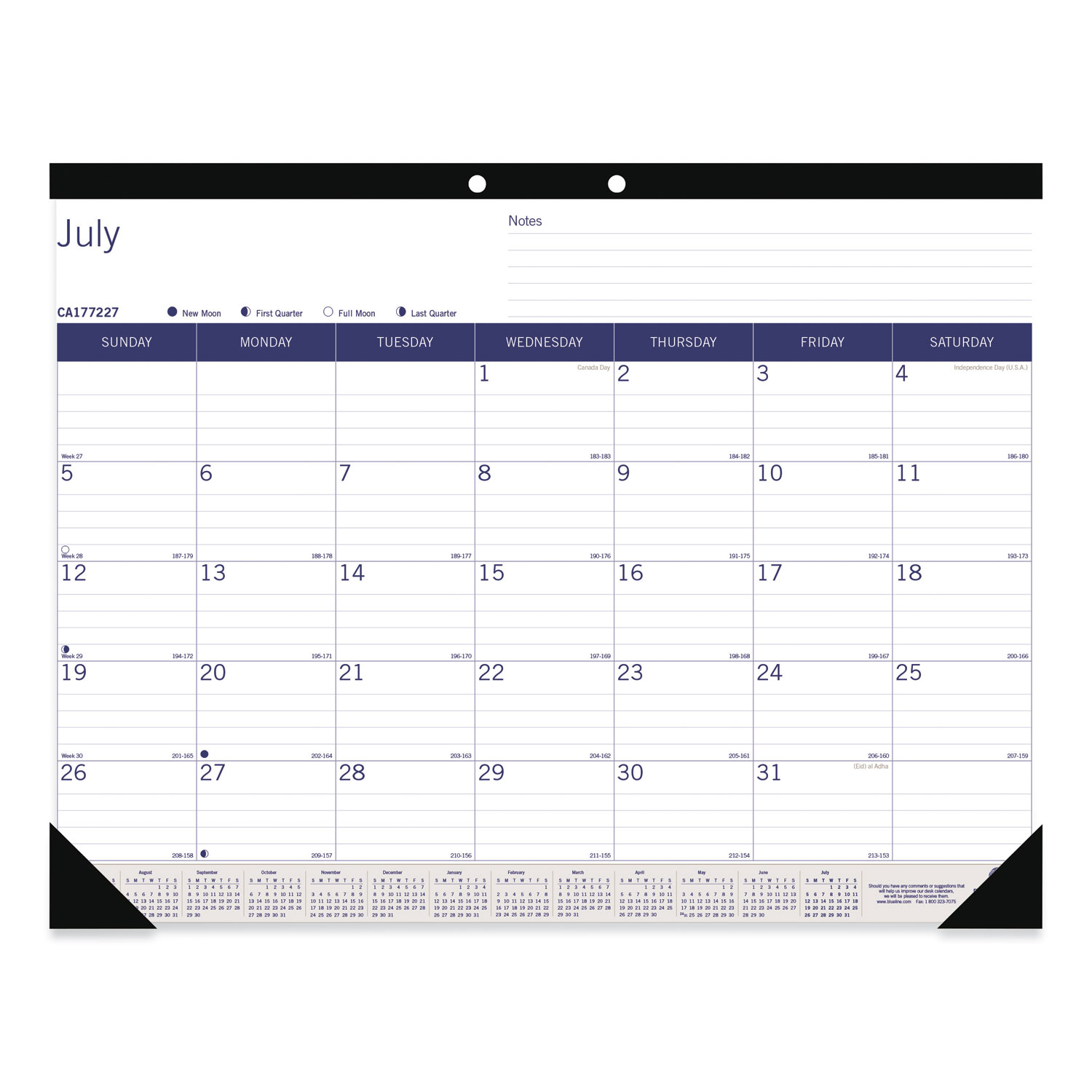 Academic Monthly Desk Pad Calendar, 22 x 17, White/Blue/Gray Sheets, Black Binding/Corners, 13-Month (July-July): 2023-2024