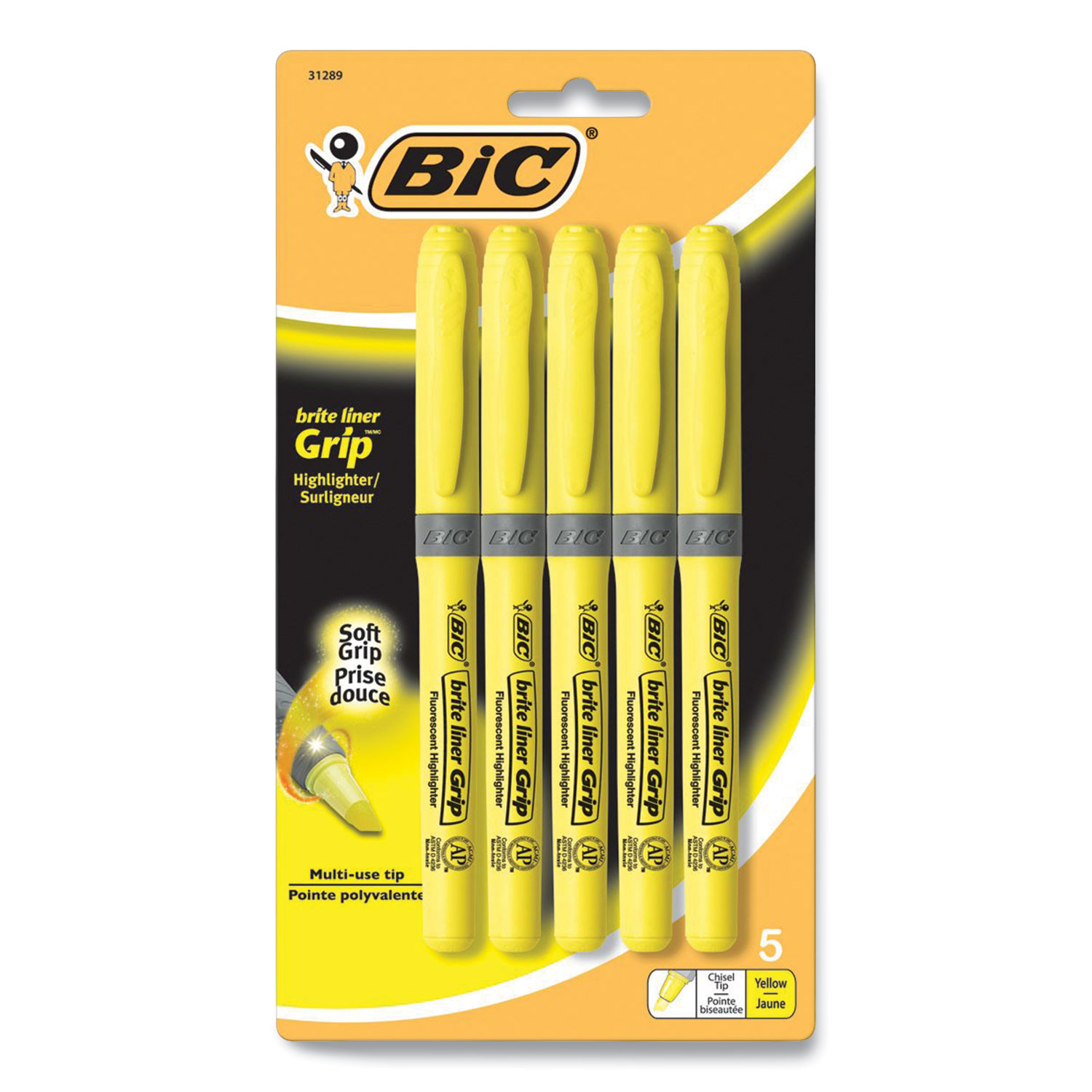 Brite Liner Grip Pocket Highlighter, Fluorescent Yellow Ink, Chisel Tip, Yellow/Black/Silver Barrel, 5/Pack Brite Liner Grip Pocket Highlighter, Fluorescent Yellow Ink, Chisel Tip, Yellow/Black/Silver Barrel, 5/Pack