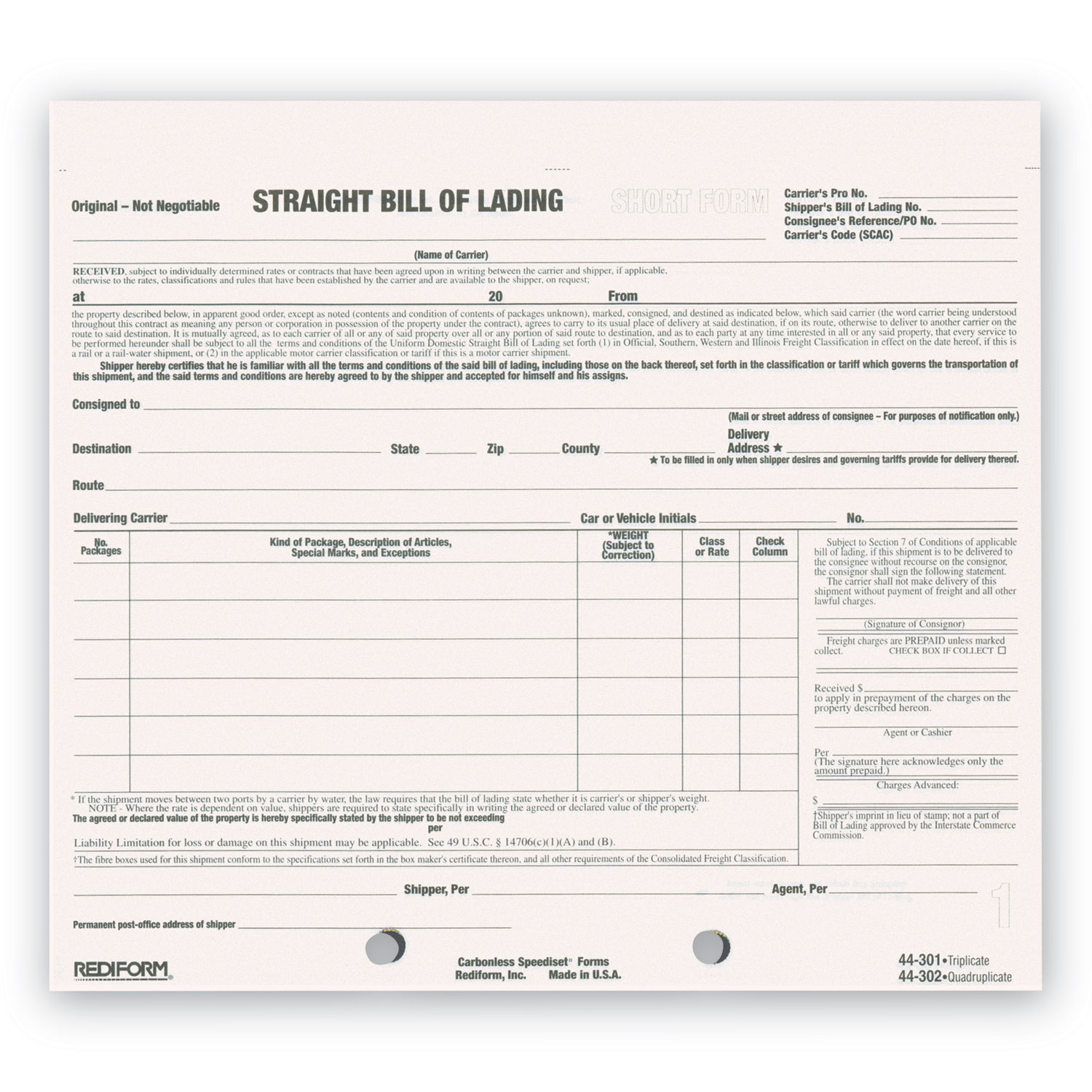 Snap-A-Way Bill of Lading, Short Form, Three-Part Carbonless, 7 x 8.5, 250 Forms Total Snap-A-Way Bill of Lading, Short Form, Three-Part Carbonless, 7 x 8.5, 250 Forms Total