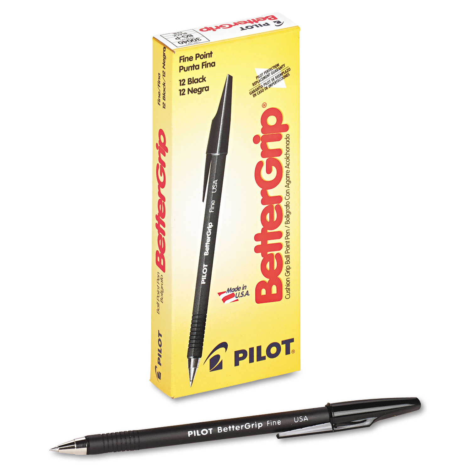 bettergrip stick ballpoint pen, fine 0.7mm, black ink/barrel, dozen