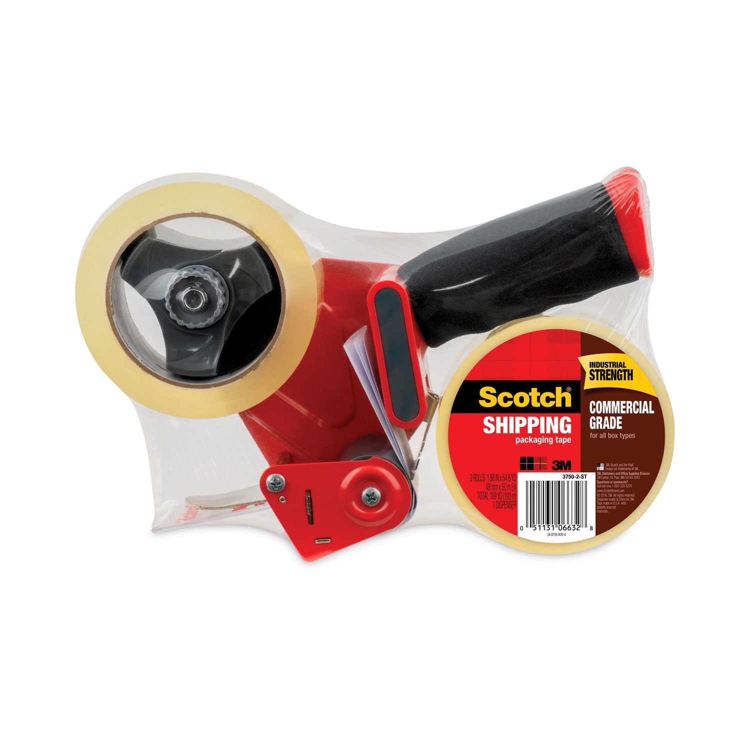 Packaging Tape Dispenser with Two Rolls of Tape, 3 Core, For Rolls Up to  0.75 x 60 yds, Red