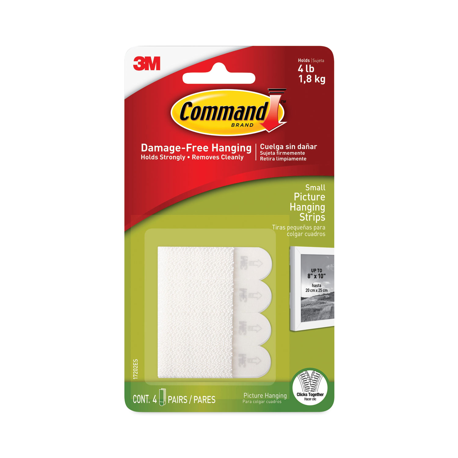 Picture Hanging Strips, Repositionable, Holds Up to 1 lb per Pair, 0.63 x 2.13, White, 4 Pairs/Pack Picture Hanging Strips, Repositionable, Holds Up to 1 lb per Pair, 0.63 x 2.13, White, 4 Pairs/Pack