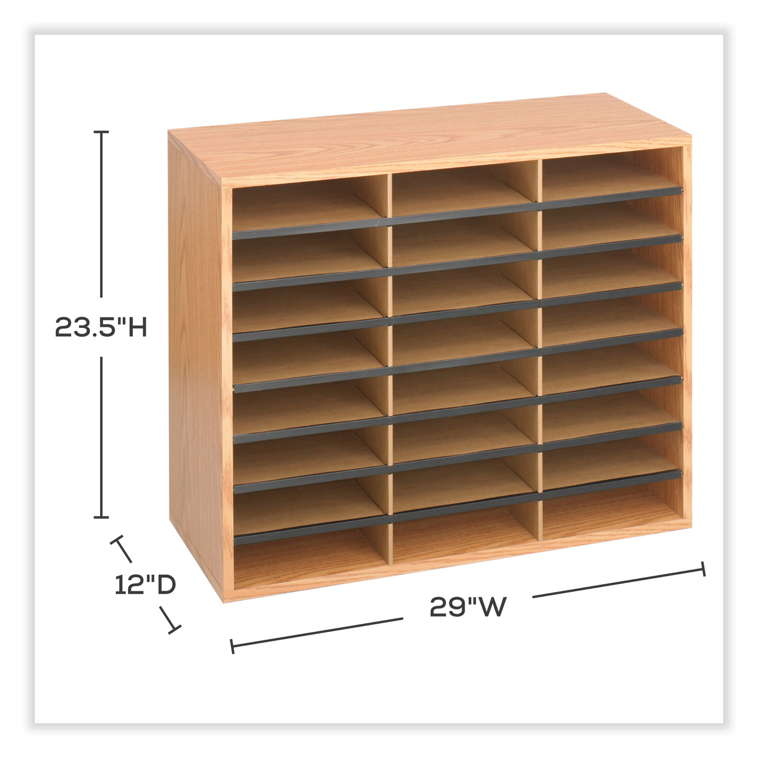 Wood/Corrugated Literature Organizer, 24 Compartments, 29 x 12 x 23.5, Medium Oak, Ships in 1-3 Business Days Wood/Corrugated Literature Organizer, 24 Compartments, 29 x 12 x 23.5, Medium Oak, Ships in 1-3 Business Days