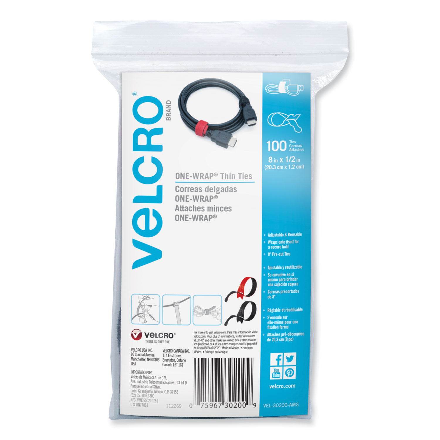Velcro® Brand Cable Ties - 1/2 x 8, Black