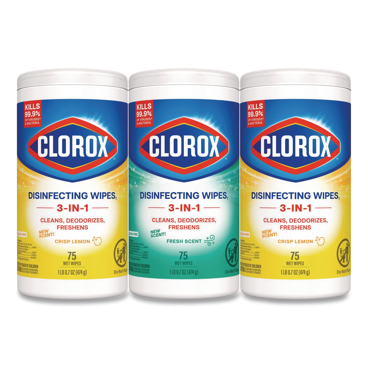 Clorox Disinfecting Wet Wipes, Fresh Scent and Citrus Blend, 75 count each, 3 Pack