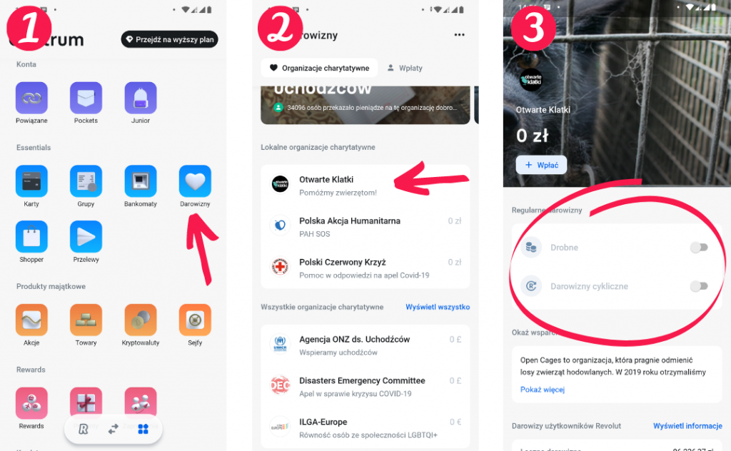 Jak pomóc zwierzętom z Revolut - instrukcja krok po kroku, jak przekazać darowiznę w aplikacji.