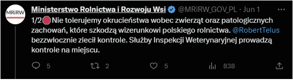 1 część wpisu ministerstwa rolnictwa na Twitterze