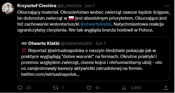 Wpis wiceministra rolnictwa na Twitterze