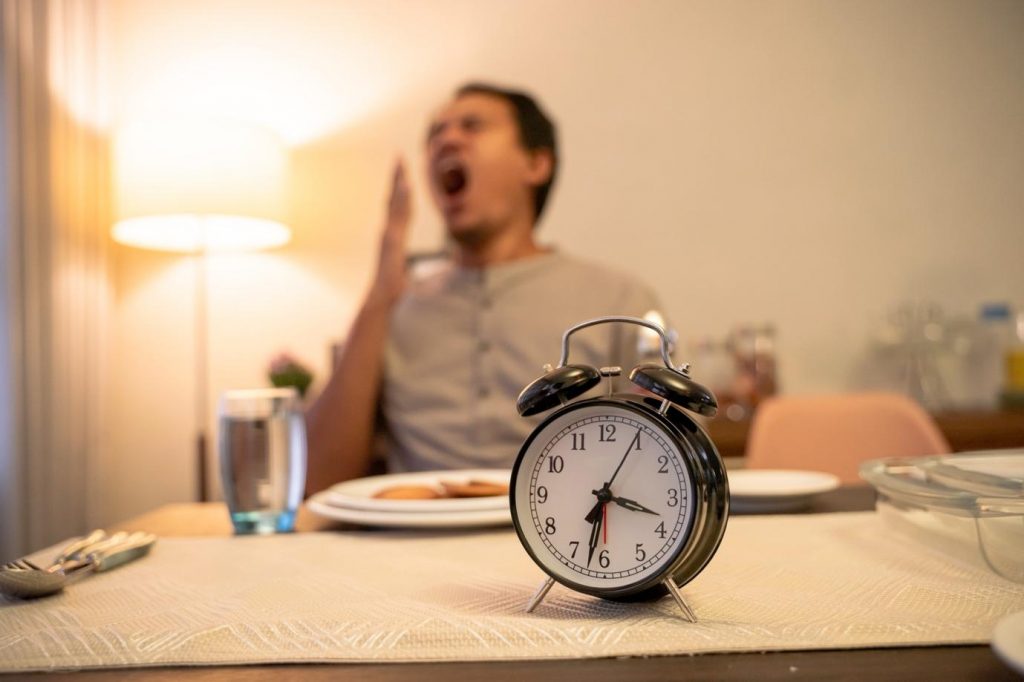 A person yawning at a table

Description automatically generated