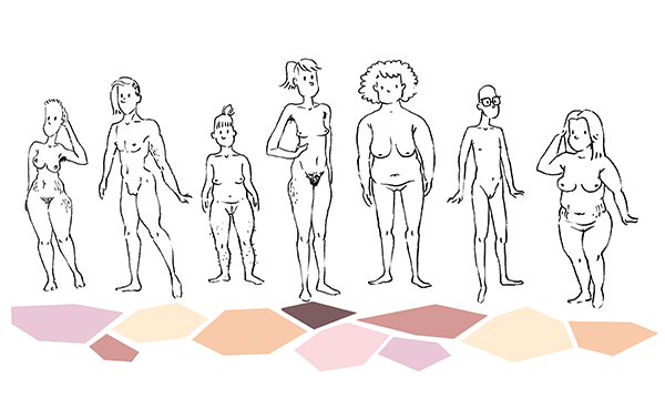 Erilaisia piirrettyjä alastomia naisvartaloita vierekkäin seisomassa.