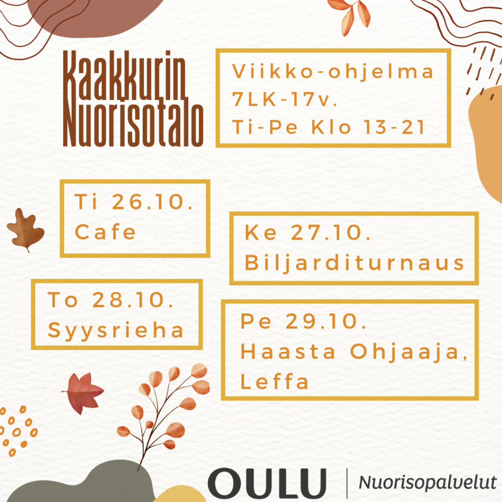 Viikko-ohjelma jossa tiedot mitä tapahtuu.