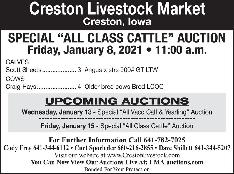 WEDNESDAY, JANUARY 6, 2021 Ad Creston Livestock Market Creston News