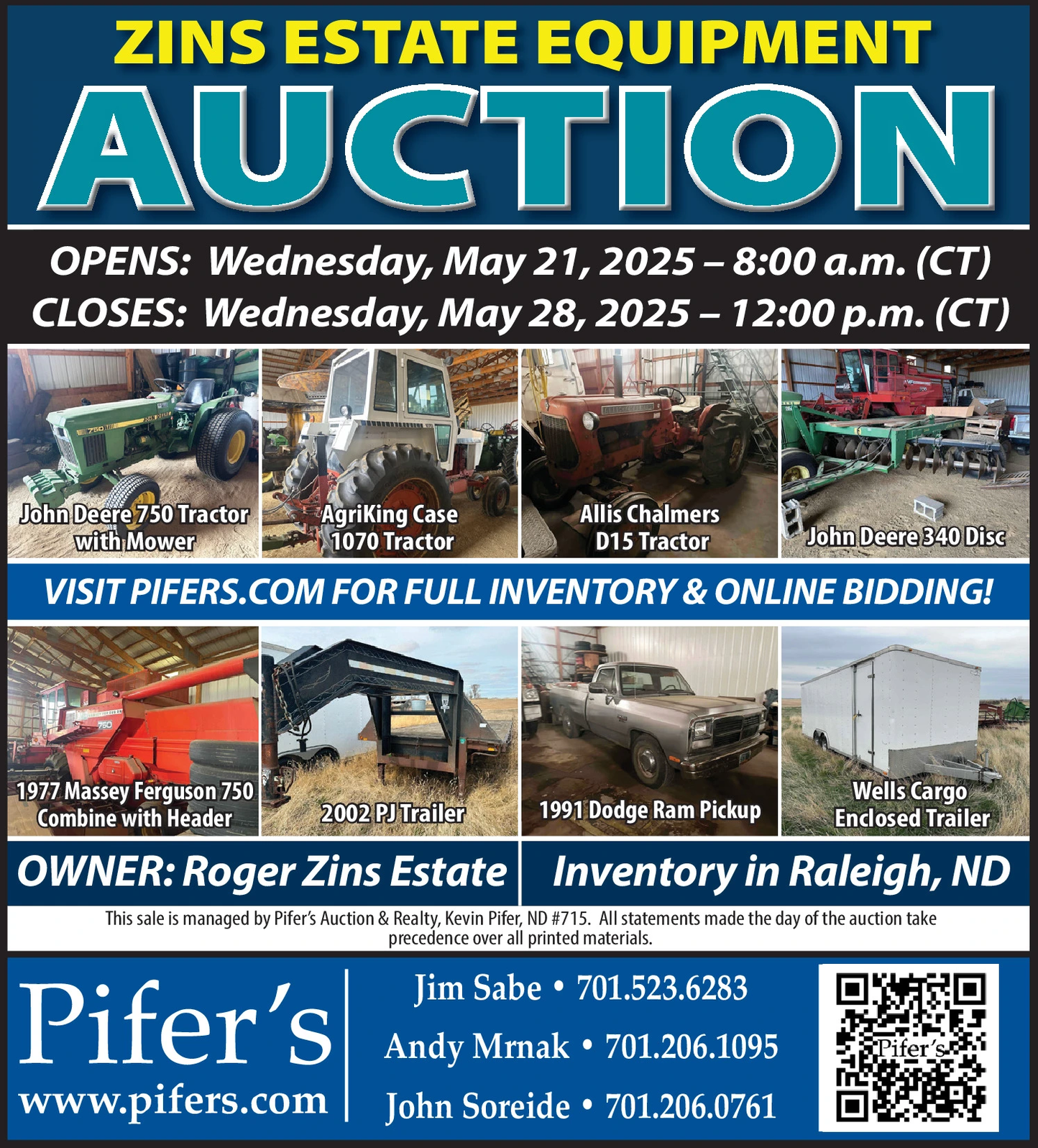 SUNDAY, MAY 4, 2025 Ad - Pifer's Auction & Realty - Bowman - Agweek