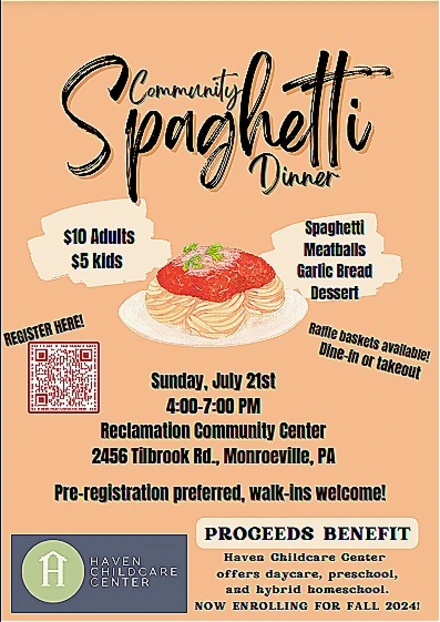 Community Spaghetti Dinner to Benefit Haven Childcare Center in Monroeville!