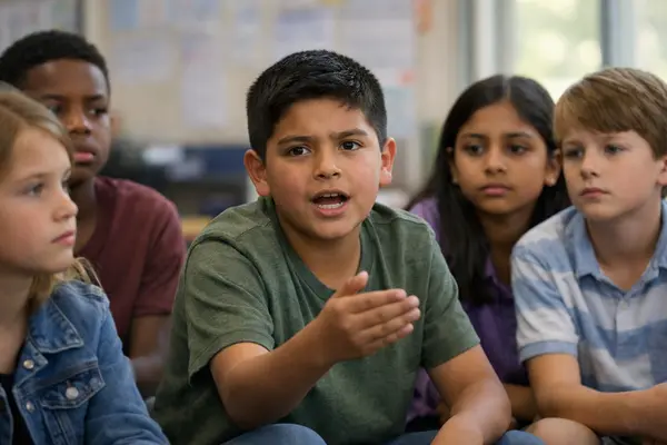 A diverse group of children sitting together in a classroom setting, attentively listening and sp...