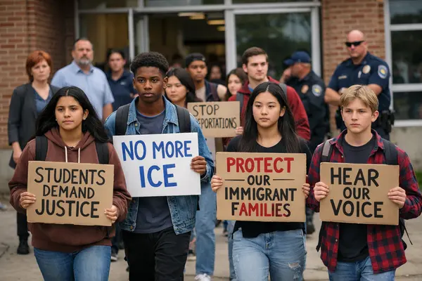 A diverse group of high school students peacefully walking out of a school building during daylig...