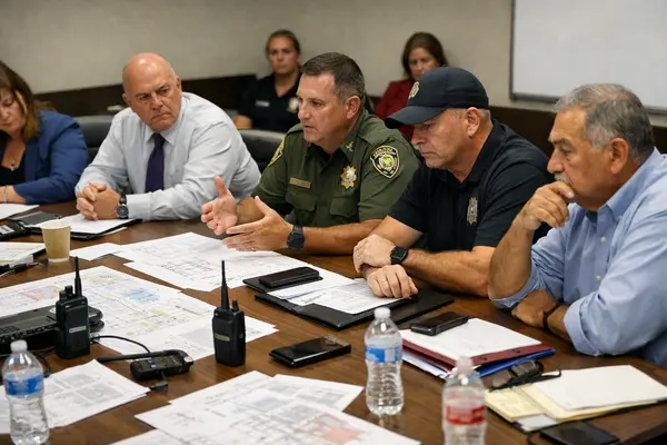A tense school security planning meeting in a conference room with district officials and securit...