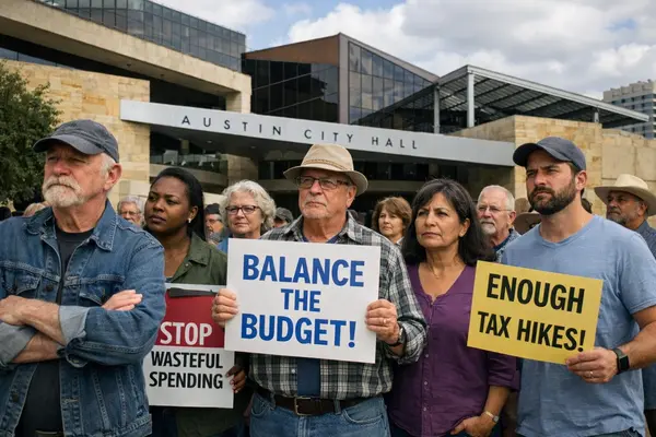 A diverse group of Austin residents gathered outside City Hall during the day, some holding signs...