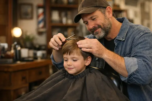 A calm and reassuring barber gently cutting a young child's hair in a cozy Austin barbershop. The...
