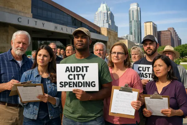 A diverse group of engaged Austin residents gathered outside City Hall holding petition forms and...