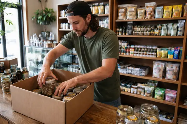 Interior of a small Texas hemp retail shop during the day, a staff member in casual clothes packi...