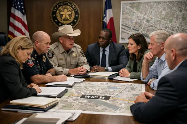 A serious meeting room in Travis County with local officials and law enforcement officers in focu...