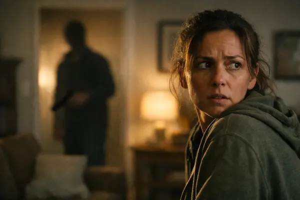 A tense, dimly lit domestic scene showing a distressed survivor glancing nervously over their sho...
