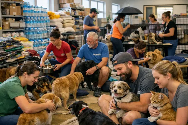 A bustling animal shelter scene with dozens of volunteers actively caring for a large group of do...