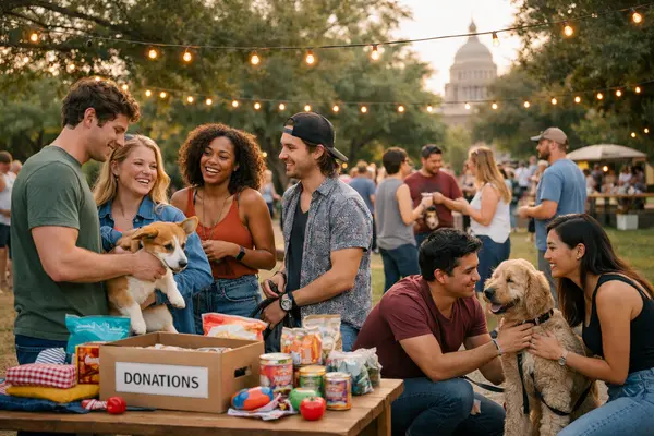 A lively outdoor scene in Austin featuring diverse young adults mingling with their dogs at a cas...