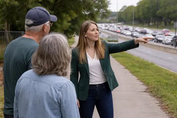 A candid midday overcast photograph of Austin City Council member Paige Ellis in business-casual ...