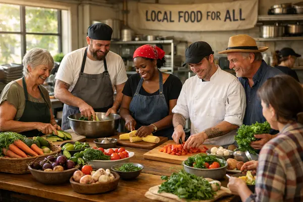 A warm, inviting scene inside a local community kitchen or food center, with chefs and volunteers...