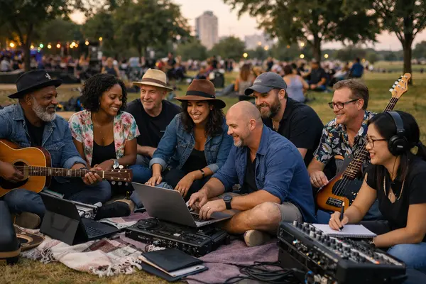 A diverse group of Austin musicians, venue owners, and music professionals gathered in an outdoor...