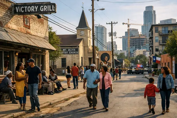 A vibrant street scene in East Austin showcasing historic Black landmarks and buildings with visi...