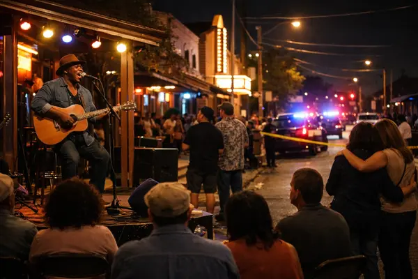 A vibrant nighttime street scene on a historic East Austin corridor, featuring a small stage with...