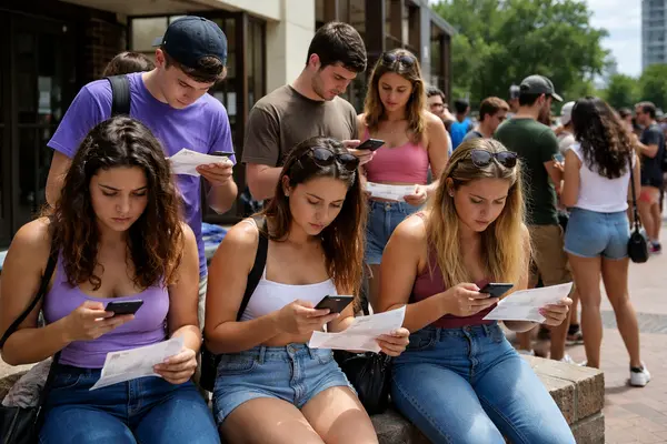 Candid photo of a small group of concertgoers gathered outside an Austin music venue in midday li...