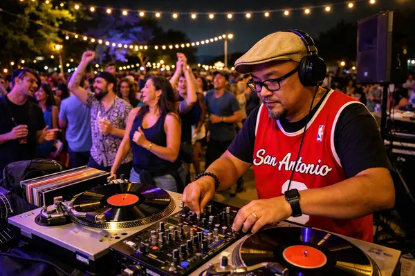 A dynamic nighttime outdoor music scene at Mueller park featuring DJ Jester the Filipino Fist spi...
