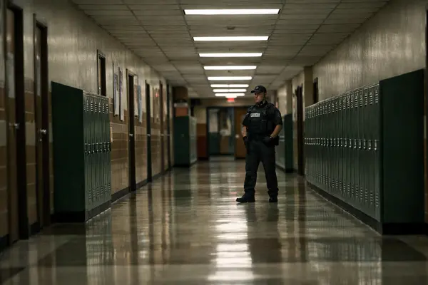 A tense school corridor in a Texas high school with empty hallways and lockers, illuminated by ha...