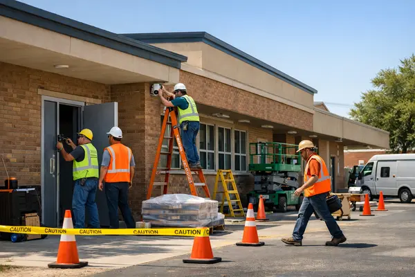 A school building exterior under renovation on a sunny day, with construction workers installing ...