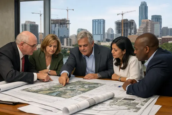 A city council meeting in Austin, with officials discussing and reviewing large infrastructure pl...