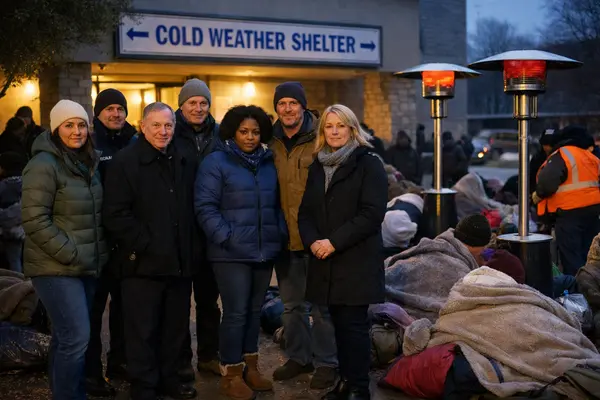 A group of city leaders and outreach workers in winter clothing standing outside a cold weather s...