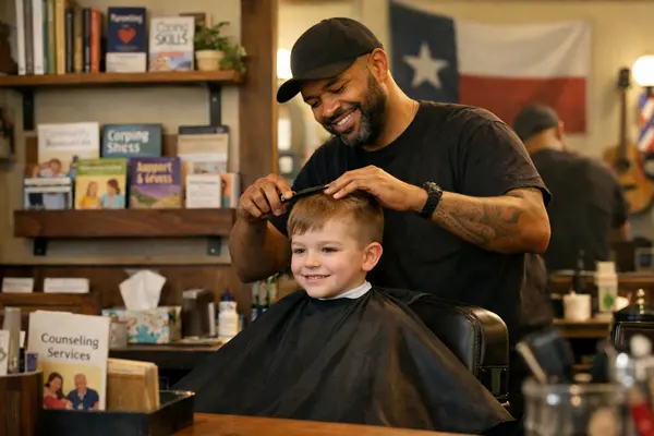 A warm, inviting barbershop scene in Austin with a friendly barber gently cutting a child's hair....