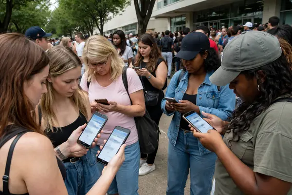Candid daytime photo of a small crowd of concertgoers outside a large Austin concert venue, stand...